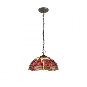 Crown 41cm 3 Light Downlighter Pendant E27 With 40cm Tiffany Shade, Purple/Pink/Crystal/Aged Antique Brass