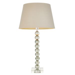 Adelie 1 Light E14 Table Lamp Nickel With Grey Green Crystal Glass With Inline Switch C/W Cici 12" Grey Linen Mix Fabric Shade