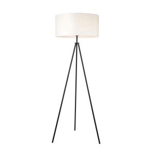 Tripod 1 Light E27 Matt Black Modern Deisgned Tripod Floor Lamp With Inline Foot Switch C/W Cylinder 20" Drum Shade Vintage White Cotton Shade