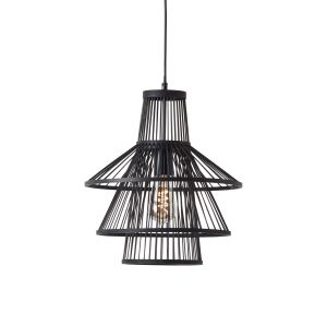 Minato 1 Light E27 Matt Black Adjustable Pendant With Dark Stained Bamboo Open Framework