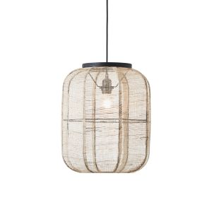 Zaire 1 Light E27 Matt Black Medium Adjustable Pendant With Handmade Natural Linen Fabric Shade