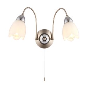 Petal 2 Light E14 Chrome & Satin Chrome Wall Light With Pull Cord Switch C/W Matt Opal Glass Shades