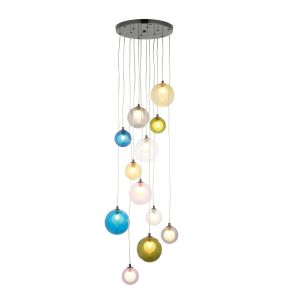 Arna 12 Light G9 Black Chrome Adjsutable Cluster Pendant With Multi-Coloured Glass Globe Shades