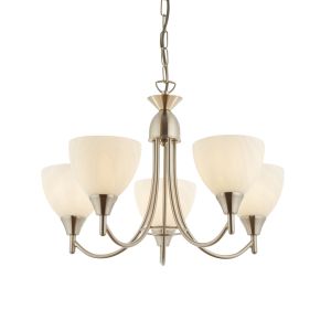 Alton 5 Light E14 Satin Chrome Adjustable Ceiling Ceiling Pendant C/W Matt Opal Glass Shades