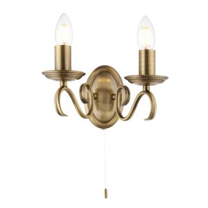 Bernice 2 Light E14 Antique Brass Wall Light With Pull Cord Switch