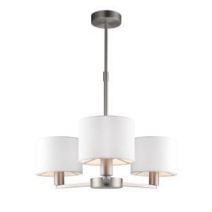 Daley 3 Light E14 Matt Nickel Adjustable Ceiling Pendant C/W White Faux Silk Shades