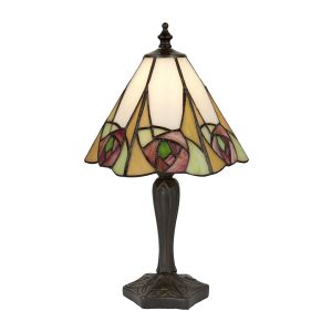 Ingram 1 Light E27 Dark Bronze Small Table Lamp With Inline Switch C/W Art Deco Rose Tiffany Shade