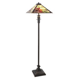 Lelani 2 Light E27 Dark Bronze Floor Lamp With Lampholder Pull Cord Switch C/W Floral Design Tiffany Shade