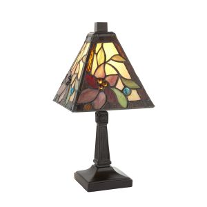 Lelani 1 Light E14  Matt Black Mini Table Lamp With Inline Switch C/W Floral Design Tiffany Shade
