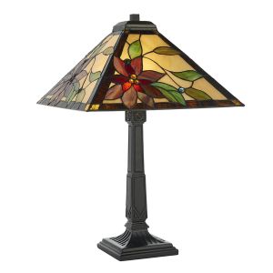 Lelani 1 Light E14  Matt Black Medium Table Lamp With Inline Switch C/W Floral Design Tiffany Shade
