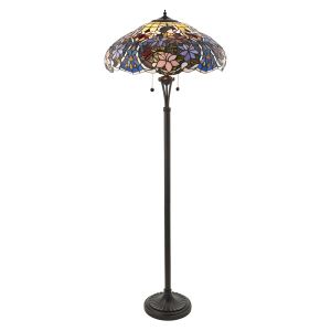 Sullivan 2 Light Dark Bronze Floor Lamp With Lampholder Pull Cord Switch C/W Coloured Floral Tiffany Shade