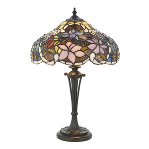 Sullivan 2 Light Dark Bronze Small Table Lamp With Inline Switch C/W Coloured Floral Tiffany Shade