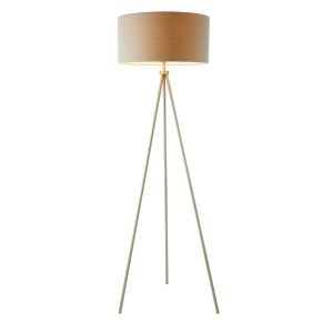 Tri 1 Light E27 Matt Nickel Floor Lamp In A Tripod Design With Lampholder Switch C/W Grey Linen Effect Fabric Shade