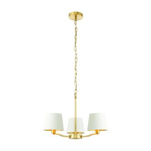 Harvey 3 Light E14 Brushed Gold Adjustable Ceiling Pendant C/W Faux Silk Vintage White Fabric Shades