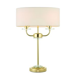 Nixon 2 Light E14 Polished Brass Table Lamp With A Touch Of Crystal & Inline Switch C/W Vintage White Faux Silk Shade
