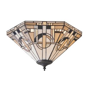 Metropolitan 2 Light E27 Dark Bronze Medium Flush Fitting C/W Art Deco Tiffany Shade