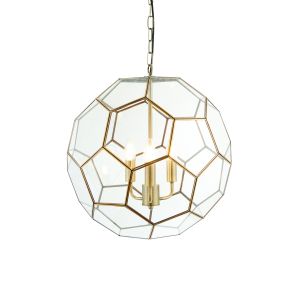Miele 3 Light E27 Antique Brass Adjustable Pendant Incorporating Hexagonal Glass Panels