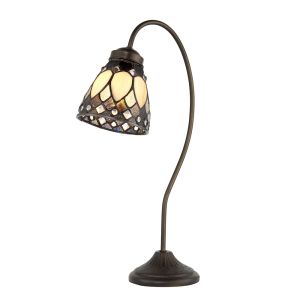 Brooklyn 1 Light E14  Dark Bronze Swan Neck Table Lamp With Inline Switch C/W Bevelled & Textured Cream Tiffany Shade