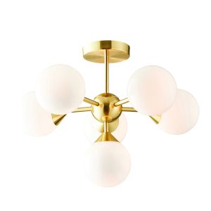 Oscar 6 Light G9 Brushed Brass Semi Flush Ceiling Light With Gloss Opal Glass Shades