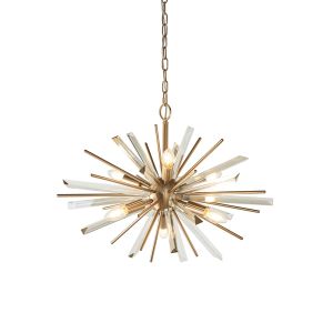 Skyros 6 Light E14 Antique Brass Plated Adjustable Pendant With Champagne Triangular Prism Glass & Antique Brass Decorative Rods