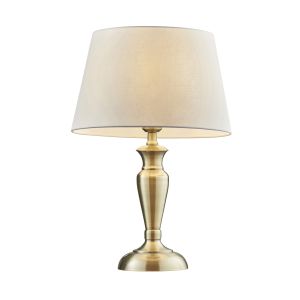 Oslo Medium 1 Light E27 Antique Brass Table Lamp C/W Evie 14" Pale Grey Cotton Tapered Shade