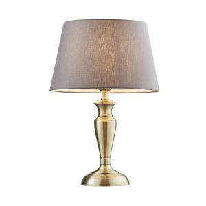 Oslo Medium 1 Light E27 Antique Brass Table Lamp C/W Evie 14" Charcoal Cotton Tapered Shade