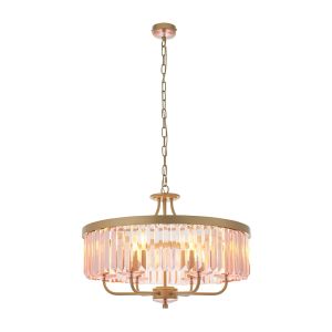 Derwent 6 Light E14 Round Champagne Adjustable Pendant With Pink Cut Glass Chandelier