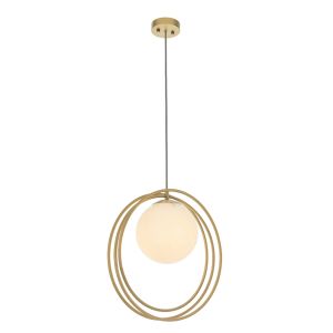 Kauri 1 Light E27 Brushed Gold Loop Single Adjustable Pendant C/W Opal Glass Shade