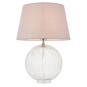 Jemma 1 Light E27 Clear Ribbed Sphere Glass Base With Satin Nickel Table Lamp C/W Evie 14" Pink Cotton Tapered Shade