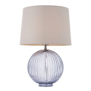 Jemma 1 Light E27 Smokey Grey Tinted Ribbed Sphere Glass Base With Satin Nickel Table Lamp C/W Mia 14" Natural 100% Linen Tapered Shade