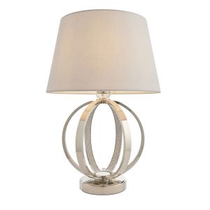 Ritz 1 Light E27 Bright Nickel With Clear Faceted Detail Table Lamp C/W Evie 14" Grey Cotton Tapered Shade