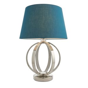Ritz 1 Light E27 Bright Nickel With Clear Faceted Detail Table Lamp C/W Evie 14" Green Cotton Tapered Shade