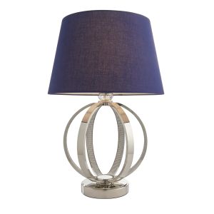 Ritz 1 Light E27 Bright Nickel With Clear Faceted Detail Table Lamp C/W Evie 14" Navy Cotton Tapered Shade