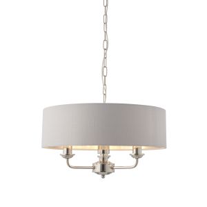 Highclere 3 Light E14 Bright Nickel Ceiling Pendant C/W Silver Linen Mix Fabric Shade With Brushed Metallic Inner