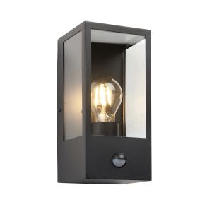 Oxford 1 Light E27 Matt Black Outdoor IP44 Wall Light With PIR Sensor With Clear Beveleld Edge Glass Panels