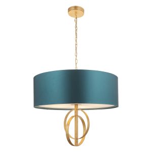 Vitra 5 Light E27 Gold Leaf Double Hoop Adjustable Ceiling Light C/W Teal Shade