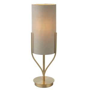 Fraser 1 Light E27 Satin Brass Table Lamp C/W Mixed Linen Natural Fabric Cylinder Shade