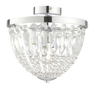 Iona 1 Light E27 Chrome Bathroom IP44 Flush Fitting With Clear Glass Faceted Crystals