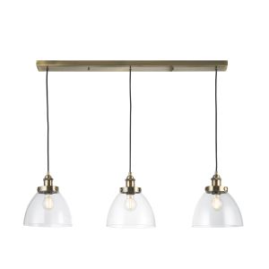Hansen 3 Light E14 Antique Brass Adjustable Linear Pendant With Clear Glass Shades