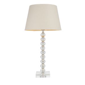 Adelie 1 Light E14 Table Lamp Nickel With Clear Crystal Glass With Inline Switch C/W Cici 12" Grey Linen Mix Fabric Shade
