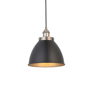 Franklin 1 Light E27 Aged Pewter Adjustable Small Single Pendant With Matt Black Rolled Edge Metal Shade