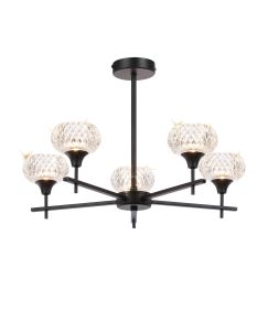 Aria 54cm Fixed Pendant, 5 Light G9, IP44, Satin Black/Clear Glass