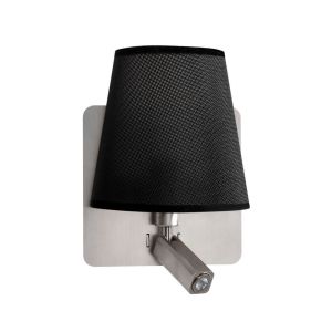 Bahia Wall Lamp With Large Back Plate 1 Light E27 + Reading Light 3W LED With Black Shade Satin Nickel 4000K, 200lm, 3yrs Warranty