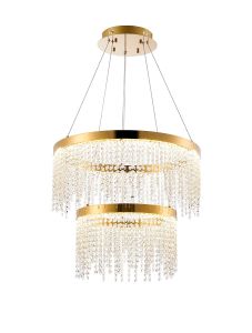 Bano 61.5cm Round 2 Tier Dimmable Pendant 47W LED, 4000K, 4700lm, French Gold / Crystal Chain, 3yrs Warranty