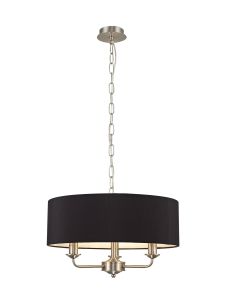 Banyan 3 Light Multi Arm Pendant, With 1.5m Chain, E14 Satin Nickel With 45cm x 15cm Faux Silk Shade, Black