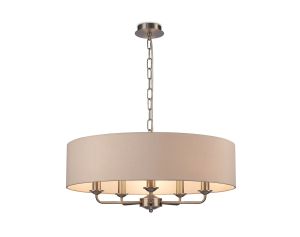 Banyan 5 Light Multi Arm Pendant, With 1.5m Chain, E14 Satin Nickel With 60cm x 15cm Dual Faux Silk Shade, Nude Beige/Moonlight