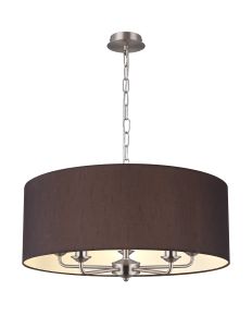 Banyan 5 Light Multi Arm Pendant, With 1.5m Chain, E14 Satin Nickel With 60cm x 22cm Faux Silk Shade, Black/White Laminate