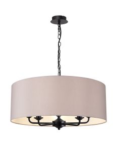 Banyan 5 Light Multi Arm Pendant With 60cm x 22cm Faux Silk Fabric Shade Matt Black/Grey