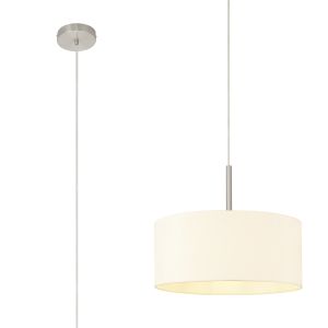 Baymont Satin Nickel 1 Light E27  Single Pendant With 40cm x 18cm Faux Silk Shade, Ivory Pearl/White Laminate