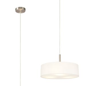 Baymont Satin Nickel  3 Light E27 Single Pendant, With 45cm x 15cm Faux Silk Shade, White